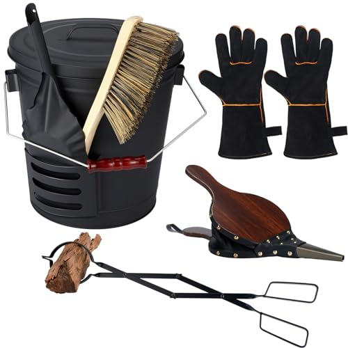Uiifan Ascheeimer mit Deckel Metall Ascheeimer 5,2 Gallonen mit Deckel Schaufel Handschuhe Bürste Kamin Faltenbalg Brennholzzange Kaminzubehör für Brennofen Feuerstelle Indoor Outdoor Grill