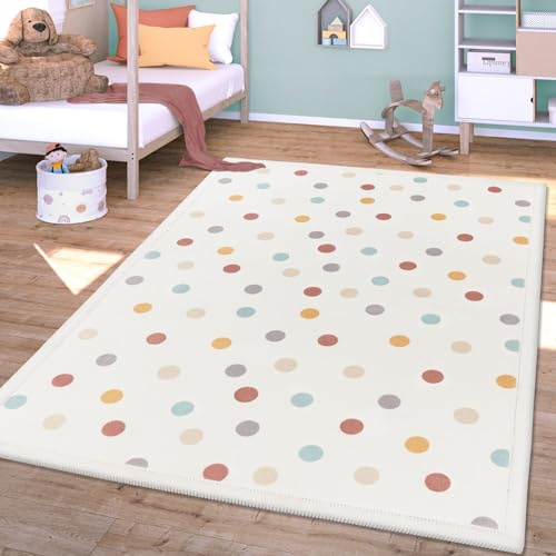TT Home Waschbarer Teppich Krabbelmatte Babyzimmer Kinder rutschfest Flauschig Punkte, Farbe:Blau Gelb Creme, Größe:120x160 cm