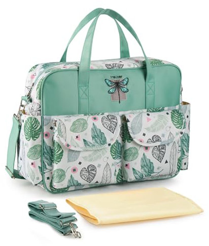 Lazeny Baby Wickelrucksack Wickeltasche Rucksack Multifunktional Mutter Babytasche Mama Reisetasche mit Wickelunterlage und Kinderwagengurten Große Kapazität Tasche Reise Backapack (Grün Blätter)
