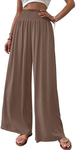 Cicy Bell Damen Hosen Gerade Locker Elastische Weite Beinhose Taille Palazzo Hose Mit Taschen Khaki L