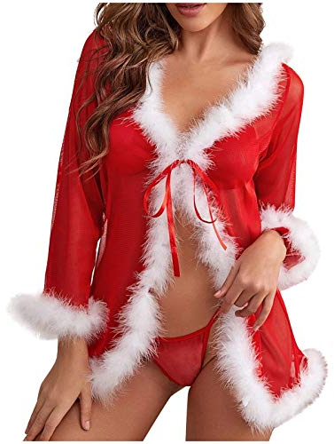 callmo Damen Weihnachtskostüm Sexy - Nikolaus Dessous Frauen Lingerie Babydoll Negligee Reizvolle Negligee Frau Frauen Spitze Body Anzug Weihnachts Reizwäsche Winter Weihnachtsmann Nachtwäsche
