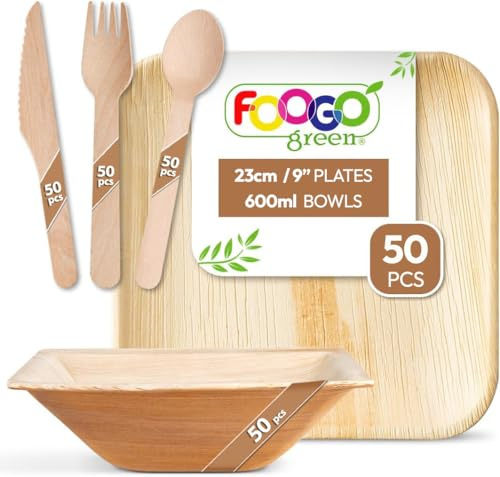 FOOGO Green 250pcs Palm Leaf Plates, Bowls and Cutlery Set, Square | FSC® Certified, 50x Large Square Plates, 50x Bowls, 50x Forks, 50x Knives, 50x Spoons, Eco Friendly