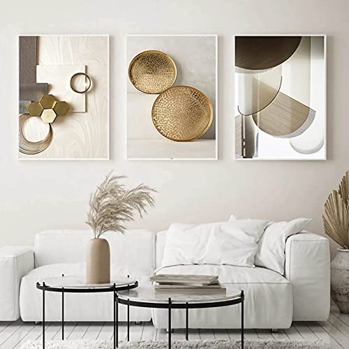 HEHGVCF Abstrakte Moderne Bilder Set Beige Grau Bild auf Leinwand Bilder 50x70 Poster 3er Set Schwarz Grau Beige Gold für Wohnzimmer Schlafzimmer Wanddeko Ohne Rahmen (Geometrische B,40 x 60cm)