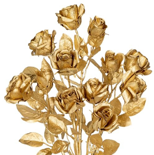 Oairse 3 Pcs Gold Artificial Rose Flowers 61cm Fake Roses with 12 Heads Flower Floral Arrangements Bouquets Golden Faux Rose for Valentine's Day, Bridal, Wedding, Party Centerpieces Christmas Decor