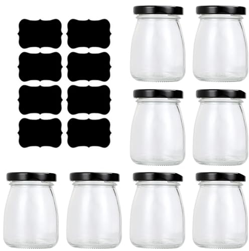 YankMooM 8 Pack Glass Jars with Lids,100ml Round Yogurt Jars Mini Milk Bottles Small Jam Jars with Black Lids for Pudding Yogurt Jam Honey Jelly Mousse Spice Food Storage,Mini Glass Container