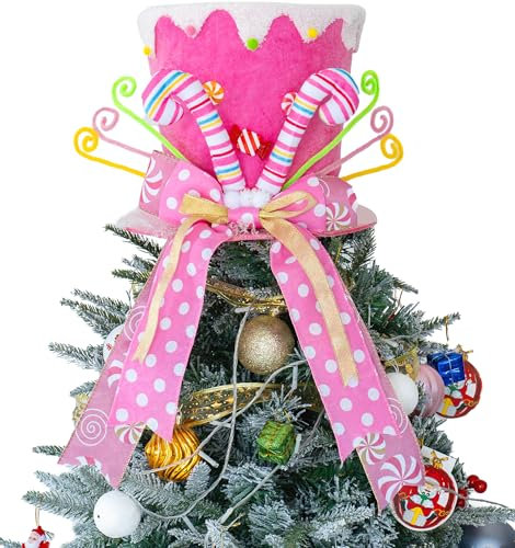 Christmas Tree Topper Hat, Xmas Tree Toppers Large Pink Hat with Lengthened Ribbon, Christmas Tree Ornaments for Christmas Holiday, Candy Cane, Pink