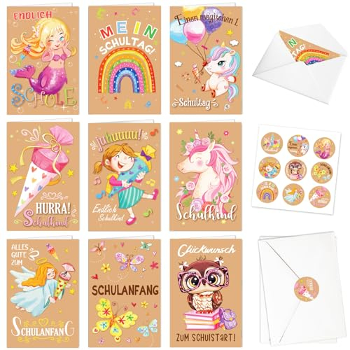 DPKOW Schulanfang Karten Einschulung Mädchen, 2025 Schulkind Grußkarten mit Umschlägen Aufkleber, 9 Einhorn Meerjungfrau Karten Schutzengel Schultüte Glücksbringer Schulkind 2025 Schulanfang Deko