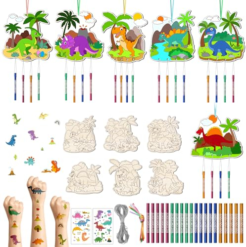 12 Stück Dinosaurier Windspiel Bastelset für Kinder Dinosaurier Holz Bastelset Drachen Geburtstag Klangspiel Basteln Bastelhandwerk zum Bemalen Holz zum Bemalen für Mädchen Junge Kindergeburtstag