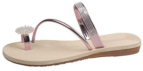 Generico Sandali Donna Tacco Sandali Donna Zeppa Sandali da donna Sandali da donna con punta con perle Sandali elastici con cinturino piatto Sandali da casa casual Pantofole da (Rose Gold, 37)