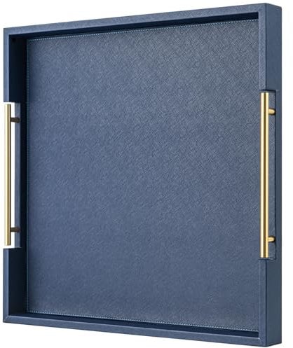 Navy Blue Faux Leather Decorative Tray - Large Square Serving Tray with Handles for Coffee Table, Living Room or Bathroom