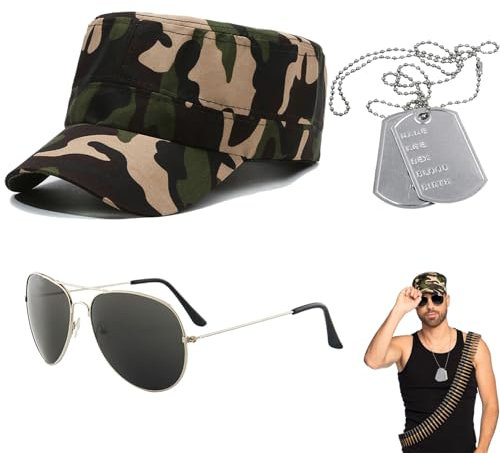 3-teiliges Armee-Kostüm-Set – Armee-Erkennungsmarken, Camouflage-Mütze, Erwachsene, Cosplay, Halloween, Mottoparty, Kostüm, Hut, Brille, Hängeetiketten-Halskette)