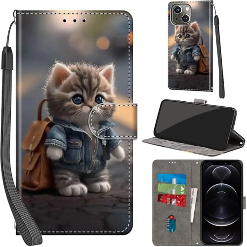 Haninsuze Handyhülle für iPhone 13/14 Hülle, Katze | PU Leder, Klappbar, Kartenfächer, Ständer, Kameraschutz, Brieftasche, Magnet, Stoßfeste, Muster Motiv