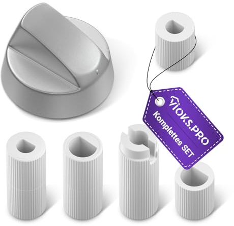 Viоks.pro Knebel Drehknopf Herd 42mmØ Herd Knopf Silbern mit 5 Adaptern - Herd Ersatzteile Drehknopf aus Kunststoff - Cooker Knobs/E Herd Knöpfe & Schalter für Backöfen & Herde