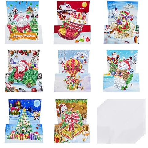 Fyfjur Diamond Painting Weihnachtskarten, 8 Stück Diamond Painting Karten mit 8 Umschlag, Weihnachtskarten Bastelset Mit Werkzeugsatz, 5D DIY Diamond Painting Weihnachten Karten für Freunde Familie