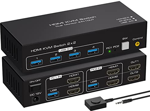 VPFET HDMI Commutateur KVM 2 PC 2 Monitor 4K60Hz USB 3.0 KVM Switch 2 Moniteur avec 4 ports USB Support de la Copie et de l'affichage Avancé et Contrôle du Bureau Inclus 2 câbles USB3.0