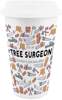 Purely Home Tree Surgeon Ceramic Travel Mug - Humorous Tradesman Novelty Gifts/Presents - Reusable Silicone Lid Double-Walled Insulated Hot/Cold Drinks Flask Cup