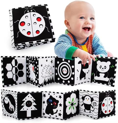 Kontrastbuch Baby, Schwarz Weiß Stoffbuch Doppelseitig, Soft Bilderbuch aus Stoff, Kontrast Spielzeug 0 3 6 Monate Geschenk für Babys, Neugeborene visuelles Spielzeug, Lernkarten, Kleinkinder