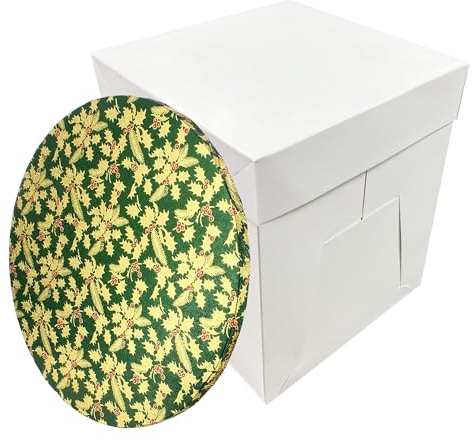 LARRYROO Tall White Cake Box Extra Deep & Festive Round Christmas Cake Drum Board Combo For High Celebration Xmas Cakes (Green, 12 Inch)