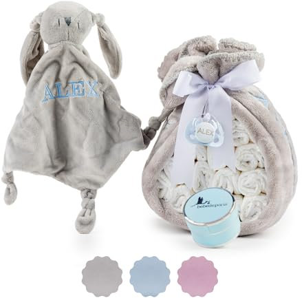 Unisex Windeltorte. Torte mit 15 Windeln, bestickt, Fleece-Decke und Schnuller, Größe 2 | 3-6 Monate (Blau, Set mit Dodou) | BebeDeParis