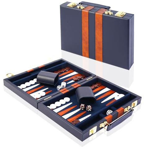 Backgammon-Set für 2 Spieler, 11 Zoll Backgammon Koffer mit komplettem Zubehör, Tragbares Reisespielset Backgammon mit Tragegriff Backgammon Sets für Erwachsene (Marineblau)