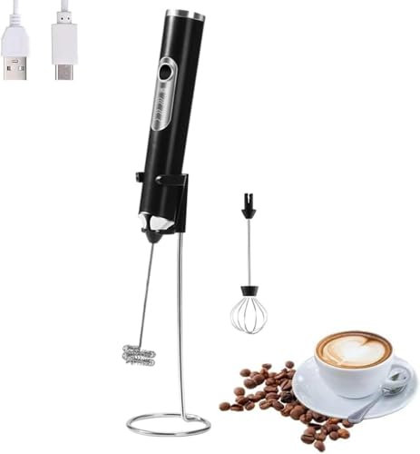 FIOUSY Mousseur à lait électrique portable avec 2 têtes, fouet mélangeur à mousse avec USB rechargeable 3 vitesses, mélangeur de mousse pour latte, cappuccino, chocolat chaud, œuf (Noir avec support)