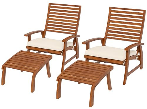 Outsunny Fauteuils de Jardin, Chaise de Jardin avec Repose-Pied, chaises Relax avec Coussins, en Bois d'acacia, crème