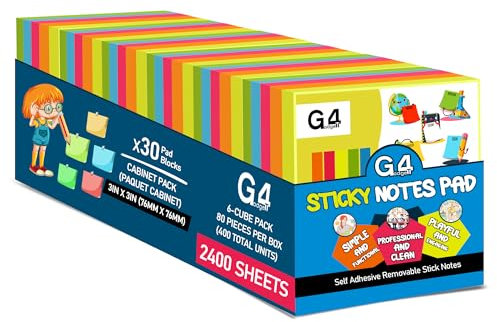 G4GADGET Sticky Notes Cube 400 Sheets - 76x76mm Neon Colors - Self-Stick Notes for Reminders, to-Do Lists & Messages - Strong Adhesive, Repositionable Sticky Notepads for Home, Office & School (6)