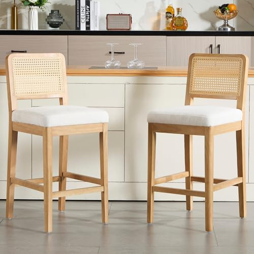 chairus Juego 2 de Sillas Altas de Cocina de Chenilla Taburetes de Bar Tapizado con Respaldo Ratán, Sillas de Barra con Patas de Madera Taburetes Altos de Bistró Modernos para Isla de Cocina, Blanco
