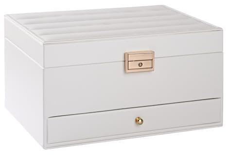Yieseang Jewellery Box with Drawer,2 Layers PU Leather Jewellery Organiser Box for Rings Earrings Necklace Bracelets Watch Accessories,Lockable Jewellery Gift Box for Girls,Women,Men,White