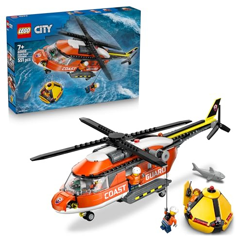 LEGO City Coast Guard Helicopter Toy - Emergency Vehicle Model Kit w/Sliding Doors, Winch, 4 Minifigures & Shark Figure - Birthday Gift for 7+ Year Old Boys - 60503