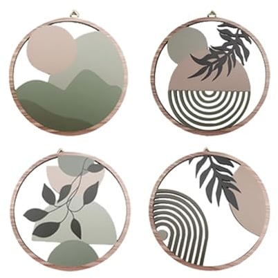 4 Stück Holz Boho Wand Deko Botanische Wanddeko Set Runde Holz Wandbilder Hölzerne Botanische Wanddekos Boho Wanddeko Grün Modern Bohos Design Minimalistische Wandkunst für Wohnzimmer, Schlafzimmer
