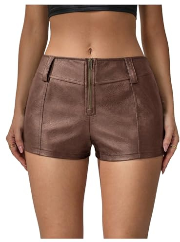 Floerns Women's Y2k Mini Shorts Zip Up Low Waist PU Leather Music Festival Hot Pants Mocha Brown Tall-S