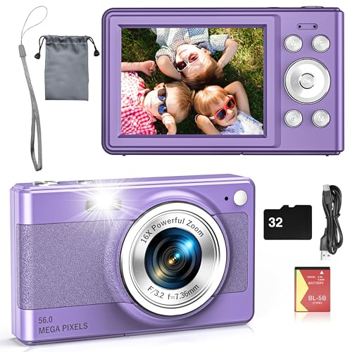 Digital Camera for Kids, FHD 1080P 56MP Autofocus Point and Shoot with 16X Zoom, 32GB TF Card, Battery, Flash, Face Detect, Anti Shake, Compact Travel Cameras for Boys Girls Teens Kids Gift（Purple）
