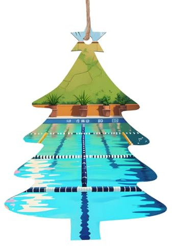 Flamingo und Schwimmbad bedruckte Weihnachtsschmuck aus Holz, 6-teiliges Set, geeignet für Bastelarbeiten und Feiertags-Hängedekorationen