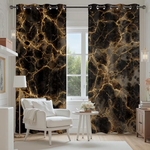 Luxus Marmoriert Verdunkelungsvorhänge 2er Set, Modern Marmor Optik | Vorhänge Wohnzimmer 137x117 cm Schwarz Gold Marmor Gardine Blickdicht Schallschutz Thermovorhang mit Ösen
