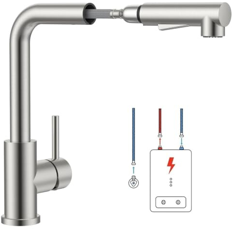 YUHUBY Niederdruck Armatur Küche Ausziehbar mit 3 Anschlüssen für Boiler | Wasserhahn Küche Niederdruck für Untertischgeräte, Küchenarmatur Edelstahl Gebürstet, Spültischarmatur mit 2 Wasserflussmodi