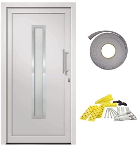 Porte d'entrée blanche 98 x 200 cm en PVC avec verrouillage champignon à 5 points et seuil en aluminium, charnières réglables 3D, vitrage isolant, kit complet pour porte d'entrée d'appartement et