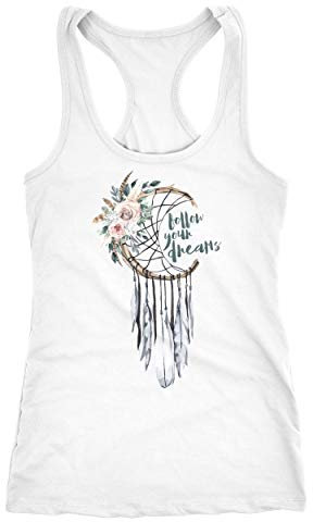 Damen Tank-Top Traumfänger Dreamcatcher Follow Your Dreams Spruch Blumen Federn Spruch Boho Racerback Neverless® weiß M