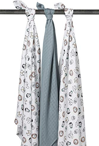 Meyco 451019 Mull/Musselin Pucktücher 3er Set, 120x120cm ANIMAL-UNI Stone Green-Weiss