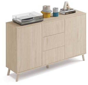 MUEBLES PITARCH | Aparador Salón Comedor, Buffet, Mueble Auxiliar, 2 Puertas y 3 Cajones, Roble Aurora, 89x140x40cm, Despensa, Cocina, Despacho, Tirador Push o Pulsador, Moderno, Nórdico, Modelo Oslo