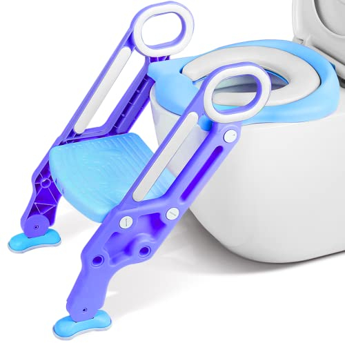 Toilettensitz Kinder mit Treppe, Stabilen Rutschfesten Breiten Pedalen und Weichem PU Kissen, Klappbar Kinder WC Sitz mit Rutschfest Leiter, HöHenverstellbar 38-42cm