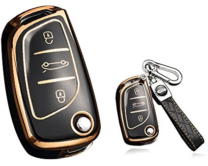 HIBEYO Coque de clé de Voiture Pliable Compatible avec Peugeot 107 207 306 607 3008 pour Citroen C1 C2 C3 X7 DS3 DS4 Porte-clés en Cuir Noir