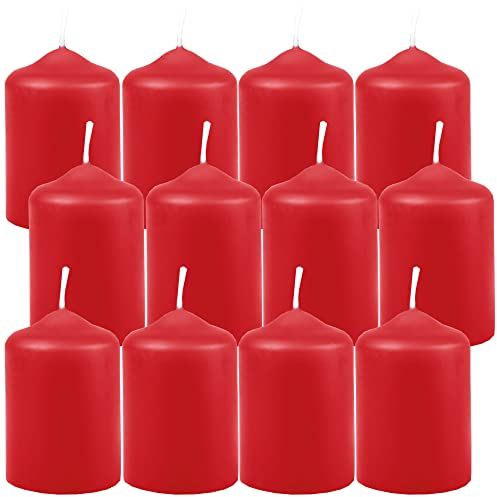 HS Candle Lot de 12 bougies piliers en cire rouge, diamètre 4 cm x 6 cm, diamètre pour bougie chauffe-plat, dans de nombreuses couleurs, fabriquées en UE, cire