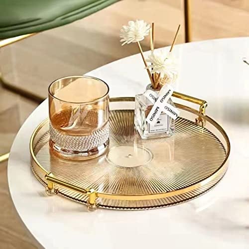 MYMM 10.6'' Round Decorative Tray with Handle, Modern Vanity Tray & Ottoman Serving Tray, Coffee Table, Kitchen & Bathroom for Coffee, Breakfast, Food & Beverages (amber), (MY-392)