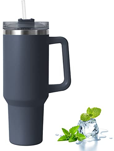 Tumbler with Straw Lid and Handle, Stainless Steel Coffee Travel Insulated Cup Mug, 40oz/30oz Cup Travel Mug, Water Bottle Thermos for Hot and Cold Coffee (Grey)