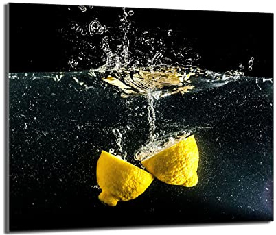 Herdabdeckplatte 60x52 cm Einteilig Glas für Elektroherd und Induktion Herdschutz Spritzschutz Glasplatte Deko Schneidebrett, Zitrone Schwarz