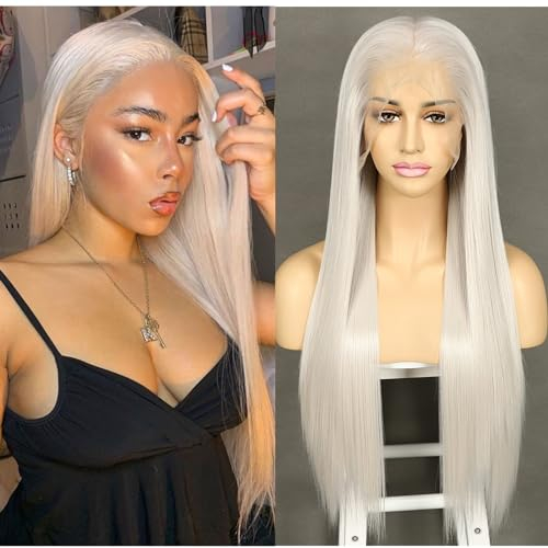 Sapphirewigs Platinum Grau Lange gerade Perücke 13x6 Lace Front Perücke Damen Gerade synthetische Haare 150% Dichte Party täglich tragen Weihnachten 26 Zoll