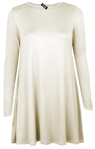 Womens Plain Long Sleeve Stretch A Line Skater Flared Swing Dress Top Plus Size T-Shirt 8-26 (16, Cream)