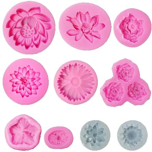 10 Stück Blumen-Silikonformen, Sonnenblumen-Rosen-Seifenform, Backform, Fondantform, Harzform für die Herstellung von Polymer-Ton, Schokoladenherstellung, Süßigkeitenherstellung, Kuchendekoration