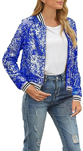 Baseball Jacke Damen Pailletten Reißverschluss Langarm Jacken Sakko Pailletten Jacke Elegant Kurz Sakko Rave Party Outwear Blazermantel Bomberjacke Bikerjacke Übergangsjacke (Z1-Blue, S)